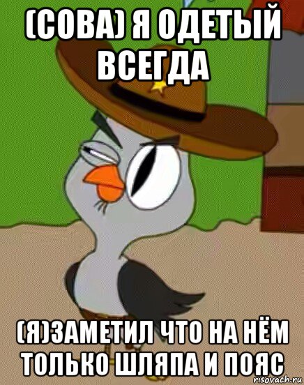 (сова) я одетый всегда (я)заметил что на нём только шляпа и пояс, Мем    Упоротая сова