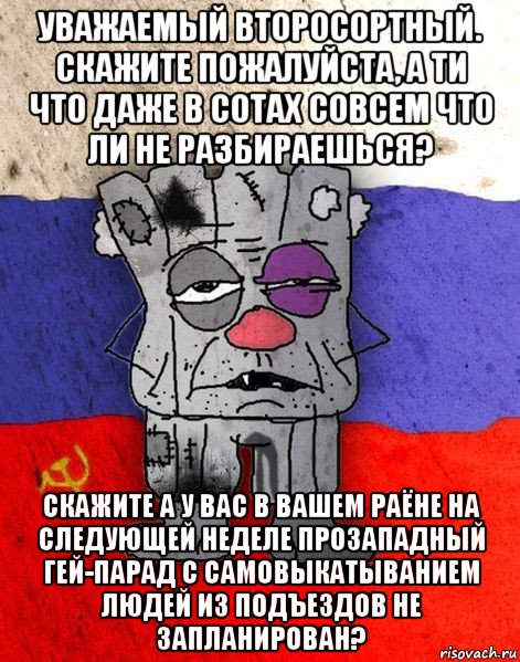 уважаемый второсортный. скажите пожалуйста, а ти что даже в сотах совсем что ли не разбираешься? скажите а у вас в вашем раёне на следующей неделе прозападный гей-парад с самовыкатыванием людей из подъездов не запланирован?, Мем Ватник