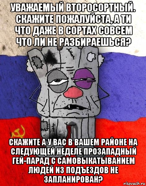 уважаемый второсортный. скажите пожалуйста, а ти что даже в сортах совсем что ли не разбираешься? скажите а у вас в вашем районе на следующей неделе прозападный гей-парад с самовыкатыванием людей из подъездов не запланирован?, Мем Ватник