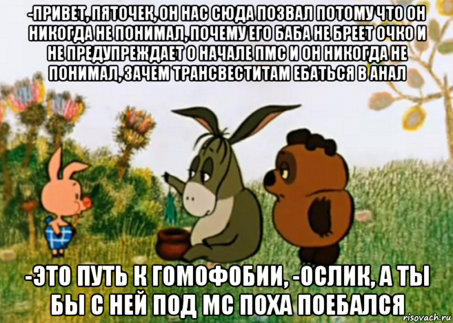 -привет, пяточек, он нас сюда позвал потому что он никогда не понимал, почему его баба не бреет очко и не предупреждает о начале пмс и он никогда не понимал, зачем трансвеститам ебаться в анал -это путь к гомофобии, -ослик, а ты бы с ней под мс поха поебался, Мем Винни Пух Пятачок и Иа