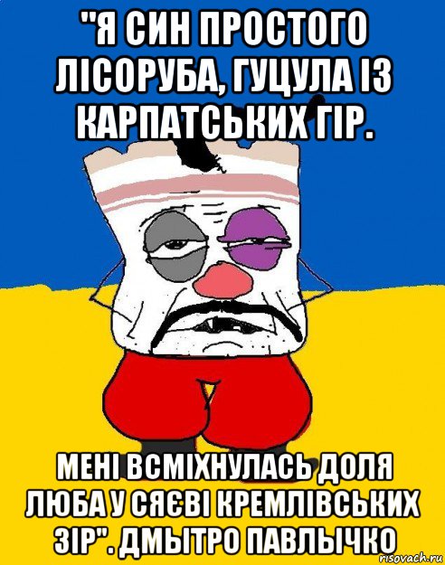 "я син простого лісоруба, гуцула із карпатських гір. мені всміхнулась доля люба у сяєві кремлівських зір". дмытро павлычко