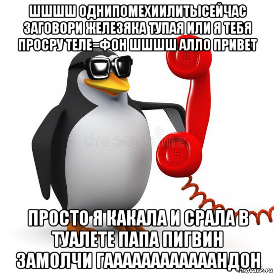 шшшш однипомехиилитысейчас заговори железяка тупая или я тебя просру теле=фон шшшш алло привет просто я какала и срала в туалете папа пигвин замолчи гаааааааааааандон