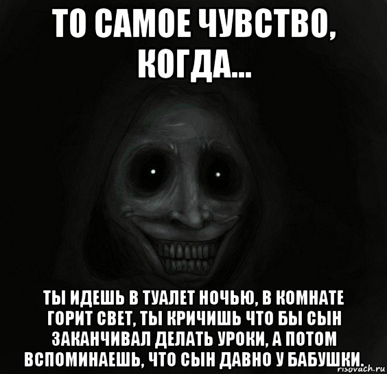 то самое чувство, когда... ты идешь в туалет ночью, в комнате горит свет, ты кричишь что бы сын заканчивал делать уроки, а потом вспоминаешь, что сын давно у бабушки.