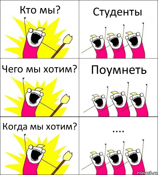 Кто мы? Студенты Чего мы хотим? Поумнеть Когда мы хотим? ....