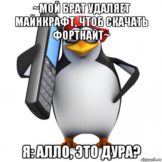 ~мой брат удаляет майнкрафт, чтоб скачать фортнайт~ я: алло, это дура?, Мем   Пингвин звонит