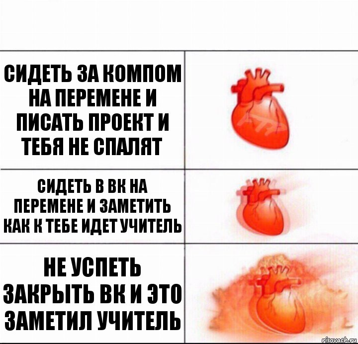 сидеть за компом на перемене и писать проект и тебя не спалят сидеть в ВК на перемене и заметить как к тебе идет учитель не успеть закрыть ВК и это заметил учитель, Комикс  Расширяюшее сердце