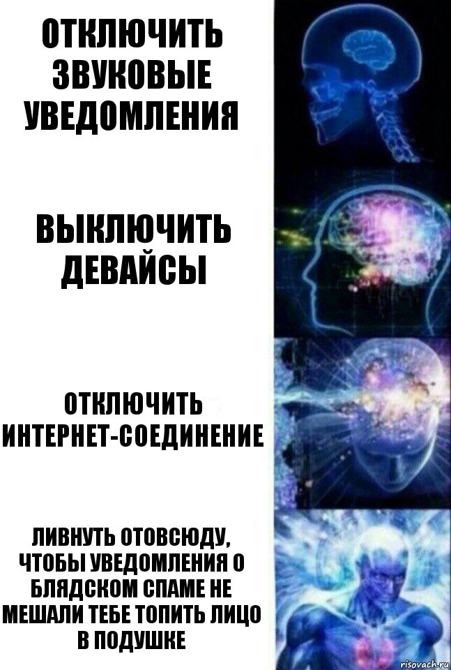 отключить звуковые уведомления выключить девайсы отключить интернет-соединение ливнуть отовсюду, чтобы уведомления о блядском спаме не мешали тебе топить лицо в подушке, Комикс  Сверхразум