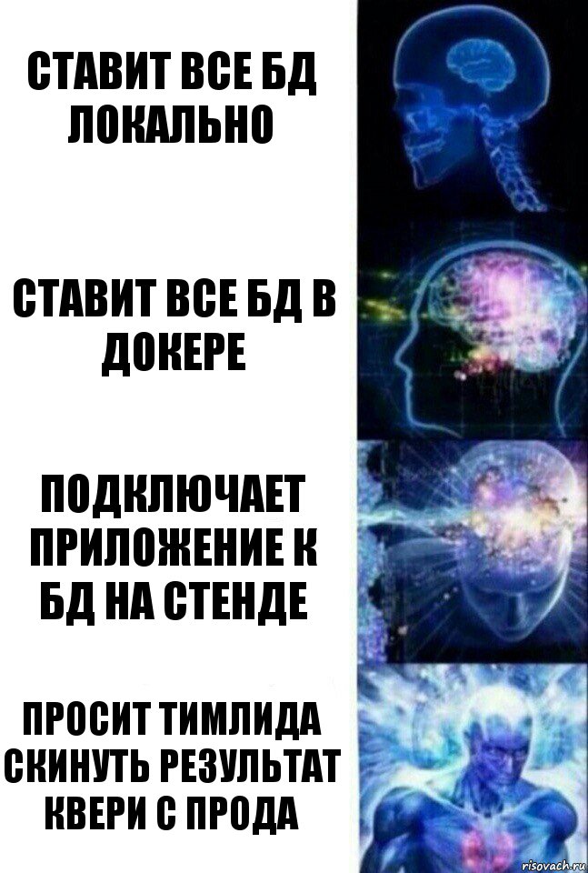 ставит все бд локально ставит все бд в докере подключает приложение к БД на стенде просит тимлида скинуть результат квери с прода, Комикс  Сверхразум