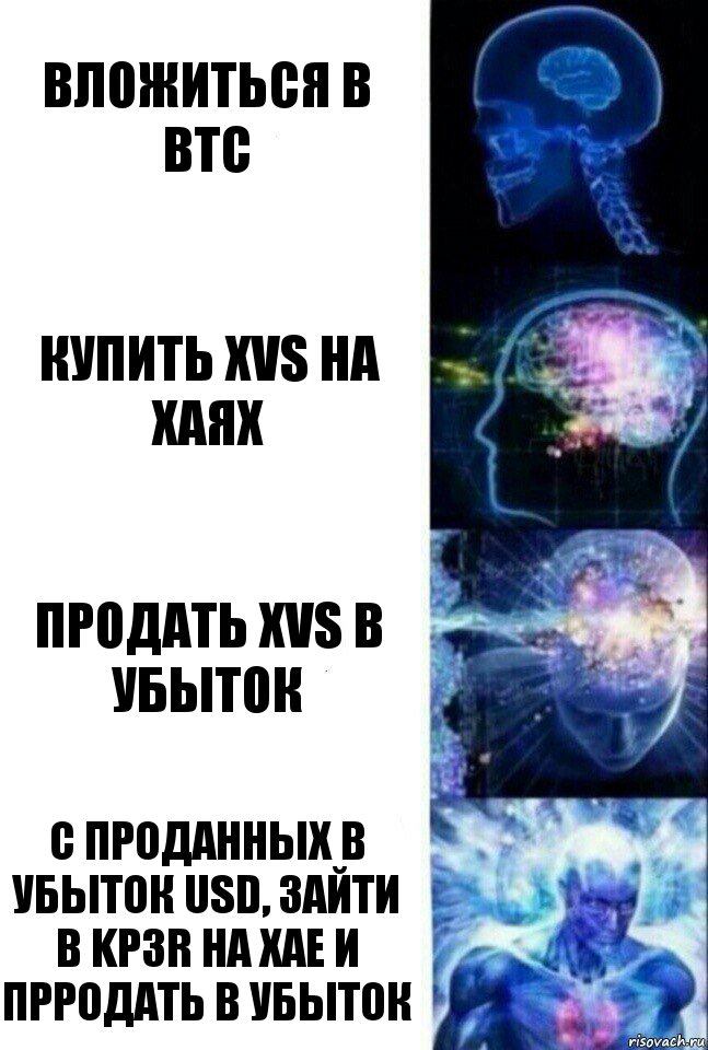 Вложиться в BTC Купить XVS на ХАЯХ Продать XVS в убыток С ПРОДАННЫХ в убыток USD, зайти в KP3R на хае и прродать в убыток, Комикс  Сверхразум