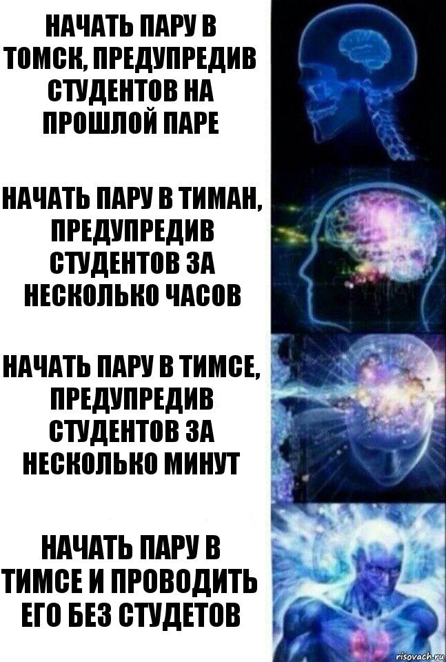 Начать пару в Томск, предупредив студентов на прошлой паре Начать пару в Тиман, предупредив студентов за несколько часов Начать пару в тимсе, предупредив студентов за несколько минут Начать пару в тимсе и проводить его без студетов, Комикс  Сверхразум