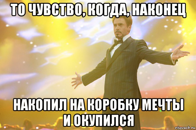 то чувство, когда, наконец накопил на коробку мечты и окупился, Мем Тони Старк (Роберт Дауни младший)