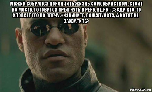 мужик собрался покончить жизнь самоубийством. стоит на мосту, готовится прыгнуть в реку. вдруг сзади кто-то хлопает его по плечу: «извините, пожалуйста, а котят не захватите? , Мем  Что если я скажу тебе