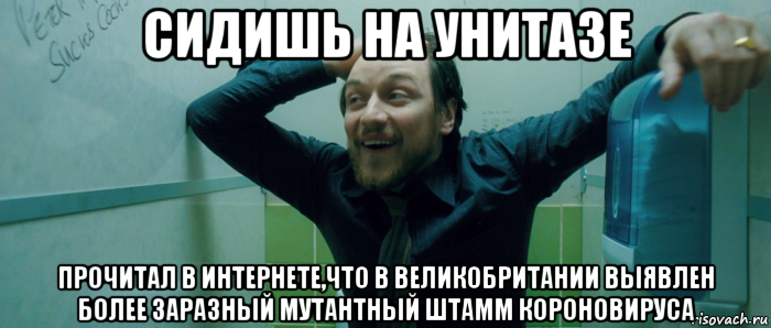 сидишь на унитазе прочитал в интернете,что в великобритании выявлен более заразный мутантный штамм короновируса, Мем  Что происходит