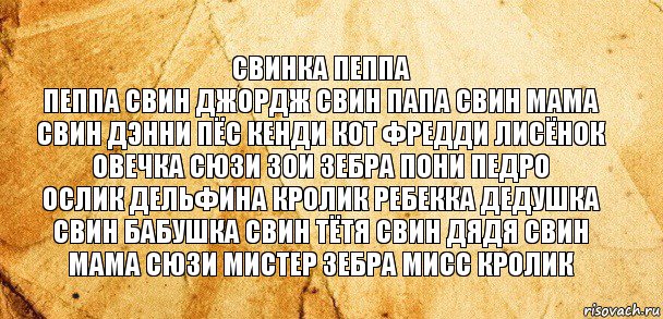 свинка пеппа
пеппа свин джордж свин папа свин мама свин дэнни пёс кенди кот фредди лисёнок
овечка сюзи зои зебра пони педро
ослик дельфина кролик ребекка дедушка свин бабушка свин тётя свин дядя свин
мама сюзи мистер зебра мисс кролик, Комикс Старая бумага