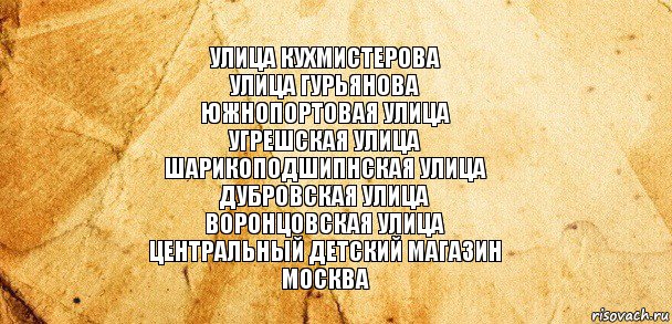 улица кухмистерова
улица гурьянова
южнопортовая улица
угрешская улица
шарикоподшипнская улица
дубровская улица
воронцовская улица
центральный детский магазин
москва, Комикс Старая бумага