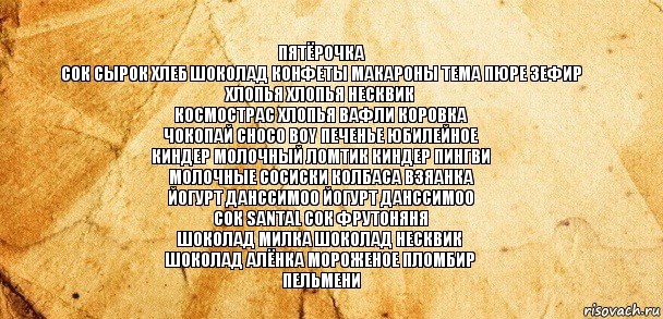 пятёрочка
сок сырок хлеб шоколад конфеты макароны тема пюре зефир хлопья хлопья несквик
космострас хлопья вафли коровка
чокопай choco boy печенье юбилейное
киндер молочный ломтик киндер пингви
молочные сосиски колбаса взяанка
йогурт данссимоо йогурт данссимоо
сок santal сок фрутоняня
шоколад милка шоколад несквик
шоколад алёнка мороженое пломбир
пельмени, Комикс Старая бумага