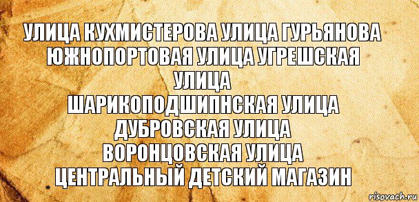 улица кухмистерова улица гурьянова
южнопортовая улица угрешская улица
шарикоподшипнская улица дубровская улица
воронцовская улица
центральный детский магазин, Комикс Старая бумага