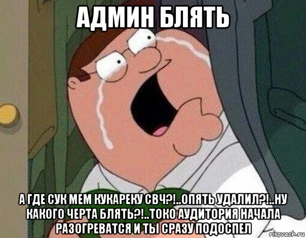 админ блять а где сук мем кукареку свч?!..опять удалил?!..ну какого черта блять?!..токо аудитория начала разогреватся и ты сразу подоспел, Мем Гриффин плачет