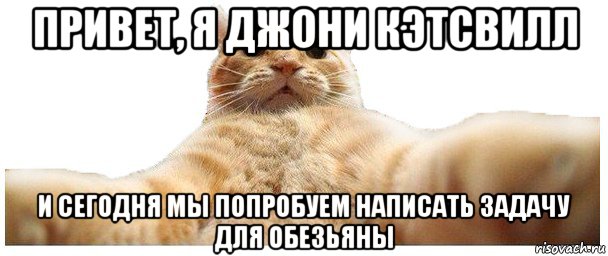 привет, я джони кэтсвилл и сегодня мы попробуем написать задачу для обезьяны, Мем   Кэтсвилл