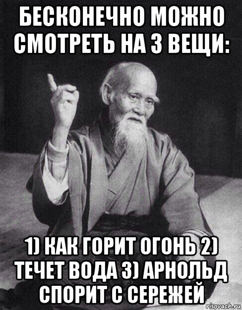 бесконечно можно смотреть на 3 вещи: 1) как горит огонь 2) течет вода 3) арнольд спорит с сережей, Мем Монах-мудрец (сэнсей)