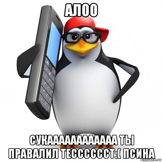 алоо сукаааааааааааа ты правалил тесссссст:( псина, Мем   Пингвин звонит