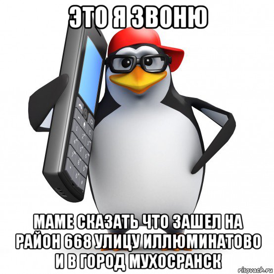 это я звоню маме сказать что зашел на район 668 улицу иллюминатово и в город мухосранск, Мем   Пингвин звонит