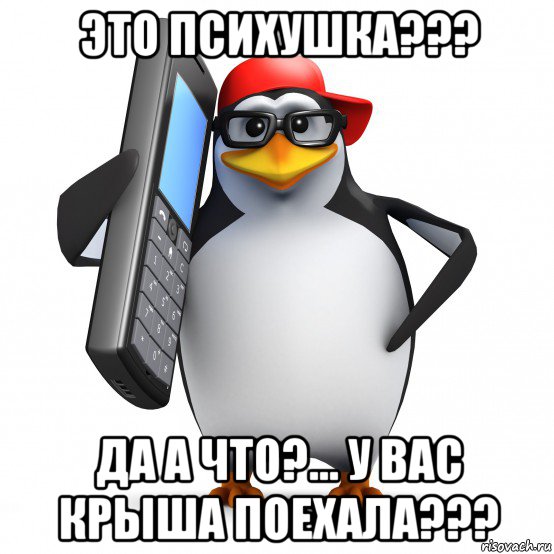 это психушка??? да а что?... у вас крыша поехала???, Мем   Пингвин звонит