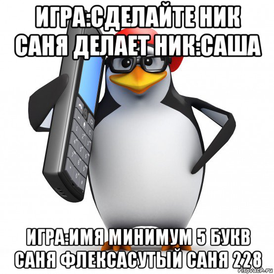 игра:сделайте ник саня делает ник:саша игра:имя минимум 5 букв саня флексасутый саня 228, Мем   Пингвин звонит