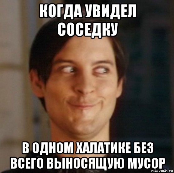 когда увидел соседку в одном халатике без всего выносящую мусор, Мем   Питер Паркер фейс