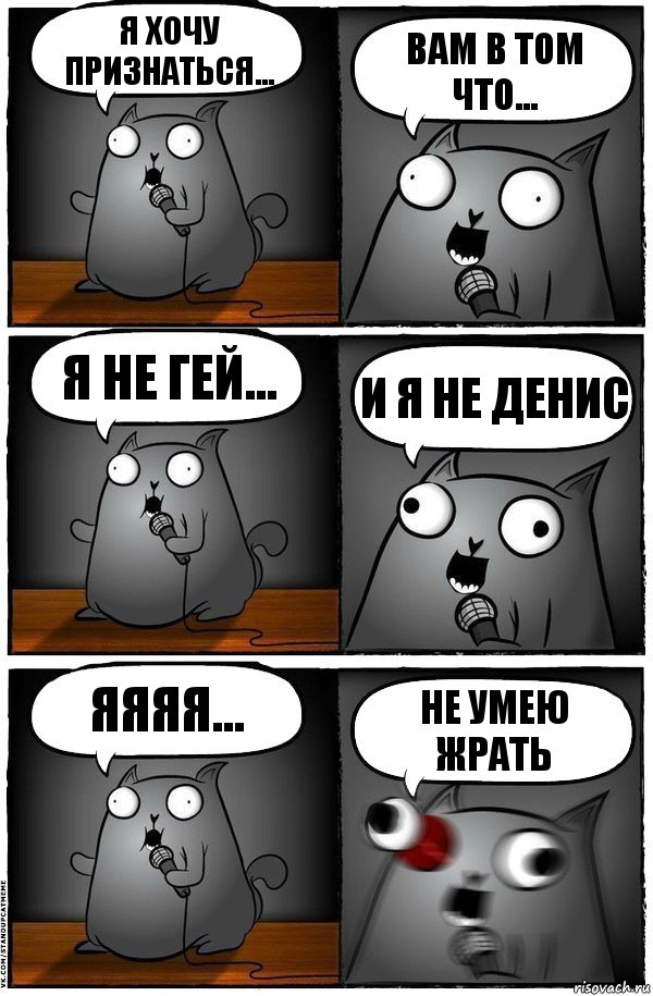 Я хочу признаться... Вам в том что... Я не гей... И я не Денис Яяяя... НЕ УМЕЮ ЖРАТЬ, Комикс  Стендап-кот