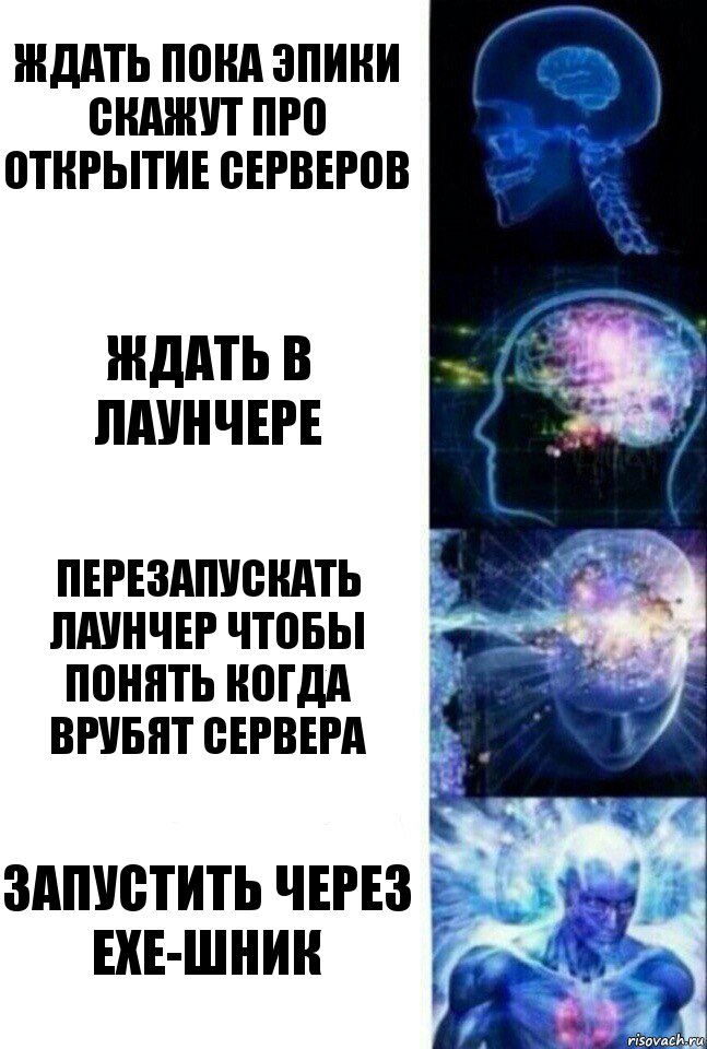 Ждать пока эпики скажут про открытие серверов Ждать в лаунчере Перезапускать лаунчер чтобы понять когда врубят сервера Запустить через exe-шник, Комикс  Сверхразум