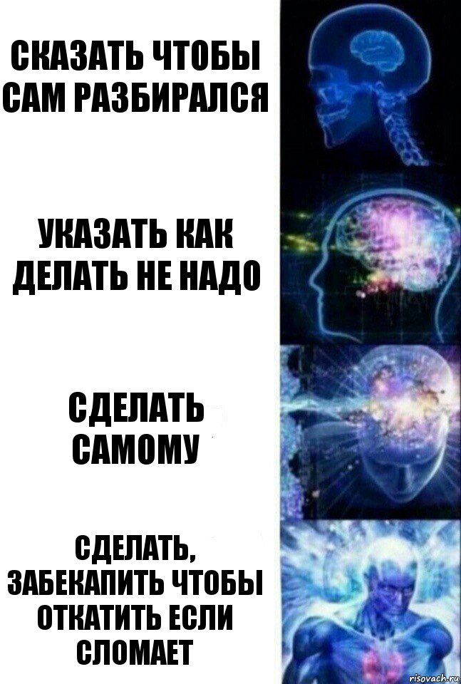 сказать чтобы сам разбирался указать как делать не надо сделать самому сделать, забекапить чтобы откатить если сломает, Комикс  Сверхразум