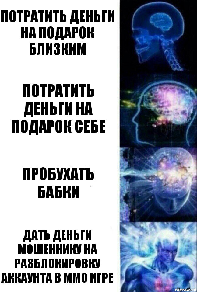 Потратить деньги на подарок близким Потратить деньги на подарок себе Пробухать бабки Дать деньги мошеннику на разблокировку аккаунта в ММО игре, Комикс  Сверхразум