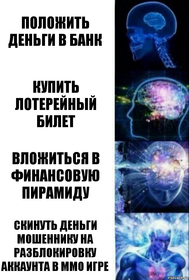 Положить деньги в банк Купить лотерейный билет Вложиться в финансовую пирамиду Скинуть деньги мошеннику на разблокировку аккаунта в ММО игре, Комикс  Сверхразум