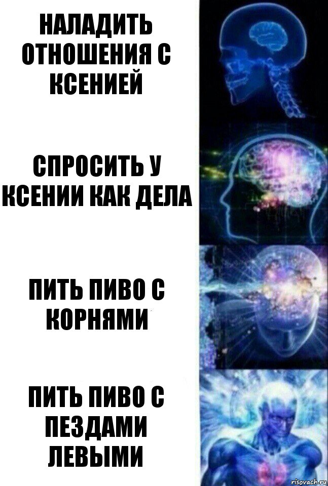 Наладить отношения с Ксенией Спросить у Ксении как дела Пить пиво с корнями Пить пиво с пездами левыми, Комикс  Сверхразум