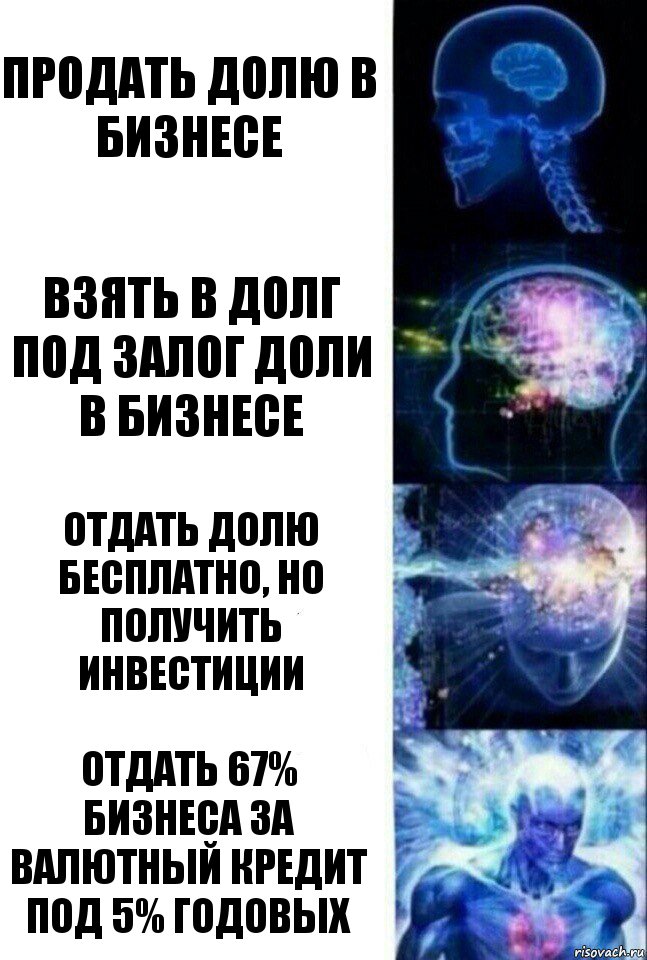 продать долю в бизнесе взять в долг под залог доли в бизнесе отдать долю бесплатно, но получить инвестиции отдать 67% бизнеса за валютный кредит под 5% годовых, Комикс  Сверхразум