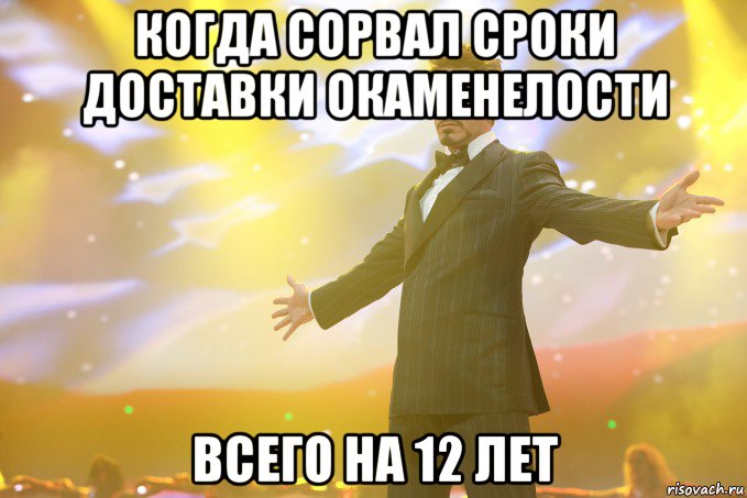 когда сорвал сроки доставки окаменелости всего на 12 лет, Мем Тони Старк (Роберт Дауни младший)