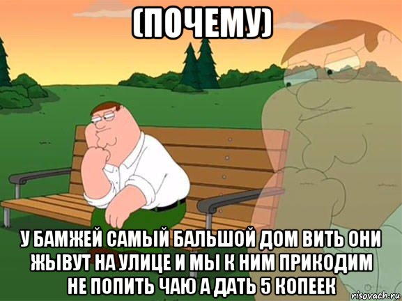 (почему) у бамжей самый бальшой дом вить они жывут на улице и мы к ним прикодим не попить чаю а дать 5 копеек, Мем Задумчивый Гриффин