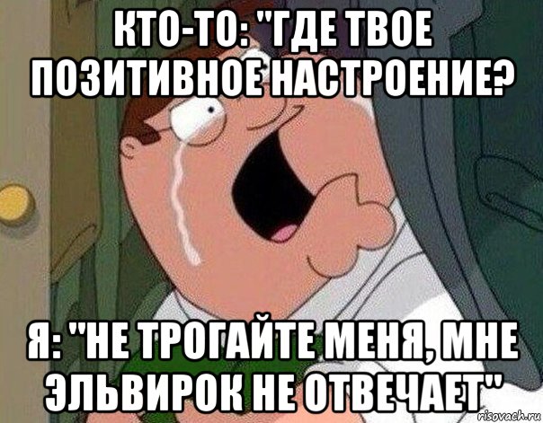 кто-то: "где твое позитивное настроение? я: "не трогайте меня, мне эльвирок не отвечает"