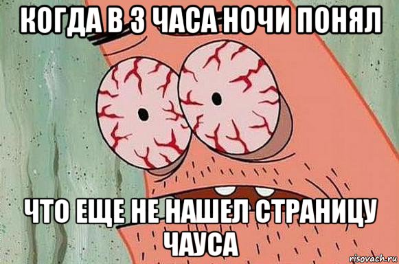 когда в 3 часа ночи понял что еще не нашел страницу чауса, Мем  Патрик в ужасе