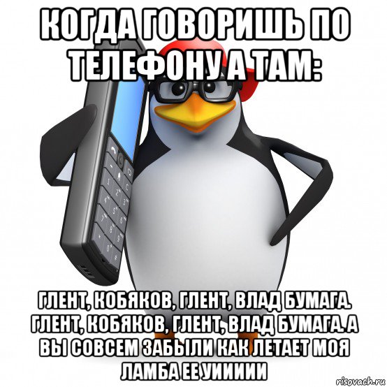 когда говоришь по телефону а там: глент, кобяков, глент, влад бумага. глент, кобяков, глент, влад бумага. а вы совсем забыли как летает моя ламба ее уиииии, Мем   Пингвин звонит