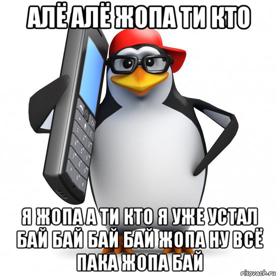 алё алё жопа ти кто я жопа а ти кто я уже устал бай бай бай бай жопа ну всё пака жопа бай, Мем   Пингвин звонит