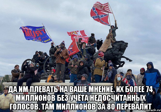 да им плевать на ваше мнение. их более 74 миллионов без учёта недосчитанных голосов. там миллионов за 80 перевалит, Мем Штурм Капитолия