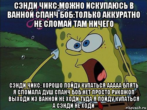 сэнди чикс:можно искупаюсь в ванной спанч боб:только аккуратно не сломай там ничего сэнди чикс: хорошо пойду купаться ааааа блять я сломала душ спанч боб:нет просто рукожоп выходи из ванной не ходи туда я пойду купаться а сэнди не ходи, Мем Спанч боб