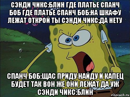 сэнди чикс:блин где платье спанч боб где платье спанч боб:на шкафу лежат открой ты сэнди чикс:да нету спанч боб:щас приду найду и капец будет так вон же они лежат да уж сэнди чикс:блин, Мем Спанч боб