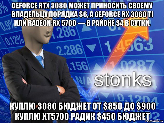 geforce rtx 3080 может приносить своему владельцу порядка $6, а geforce rx 3060 ti или radeon rx 5700 — в районе $4 в сутки. куплю 3080 бюджет от $850 до $900 куплю хт5700 радик $450 бюджет