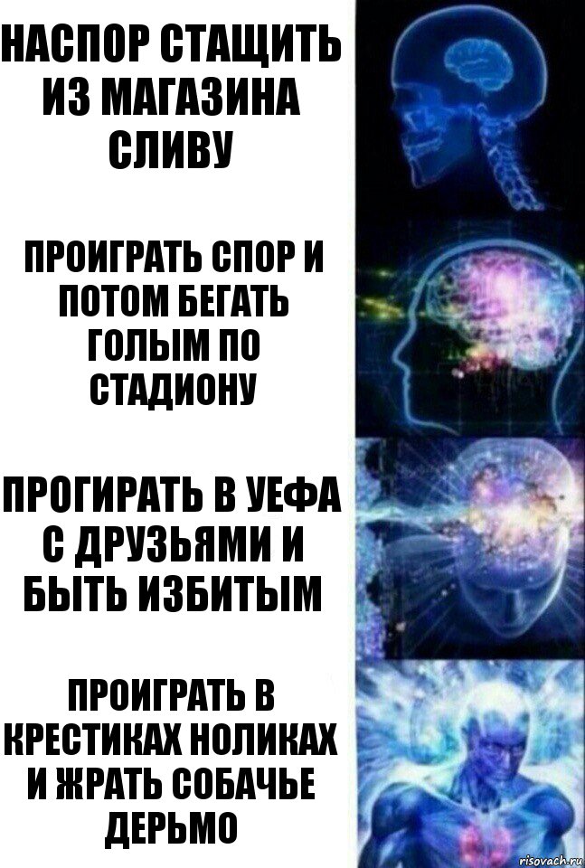 Наспор стащить из магазина сливу Проиграть спор и потом бегать голым по стадиону Прогирать в УЕФА с друзьями и быть избитым Проиграть в крестиках ноликах и жрать собачье дерьмо, Комикс  Сверхразум