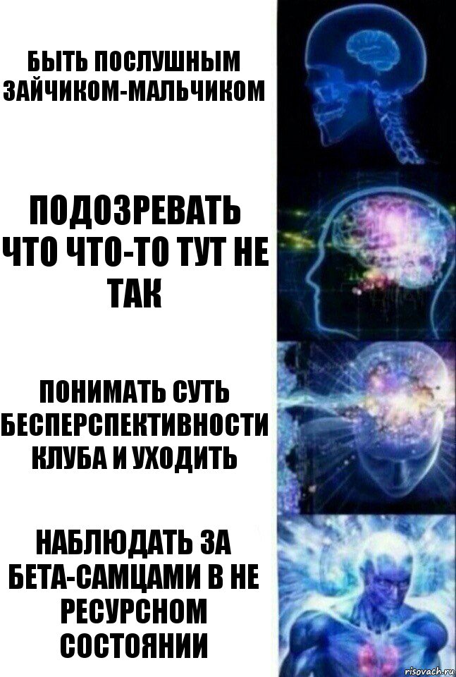 Быть послушным зайчиком-мальчиком Подозревать что что-то тут не так Понимать суть бесперспективности клуба и уходить Наблюдать за бета-самцами в не ресурсном состоянии