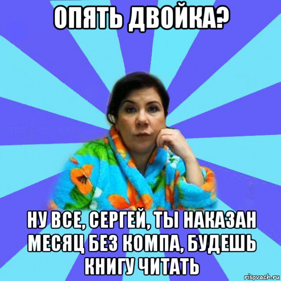 опять двойка? ну все, сергей, ты наказан месяц без компа, будешь книгу читать, Мем типичная мама