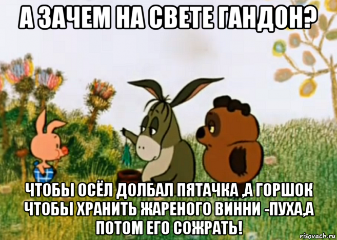 а зачем на свете гандон? чтобы осёл долбал пятачка ,а горшок чтобы хранить жареного винни -пуха,а потом его сожрать!, Мем Винни Пух Пятачок и Иа